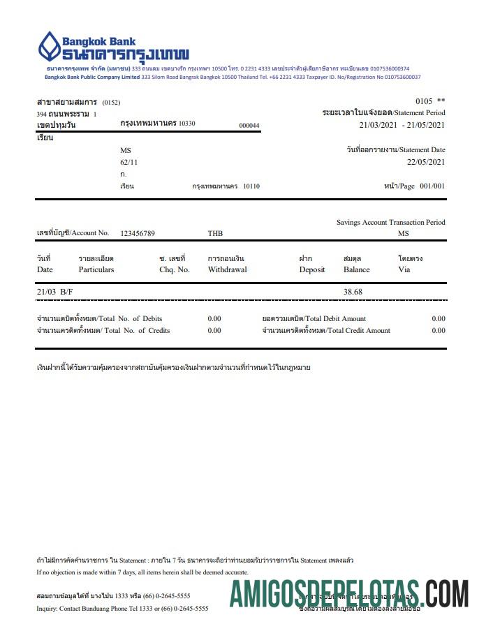 Modelo de extrato de conta bancária da Tailândia Bangkok para impressão em formato Excel e PDF